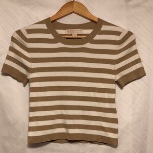 Michael Kors Short Sleeve Striped Knit Tee in Tan and White